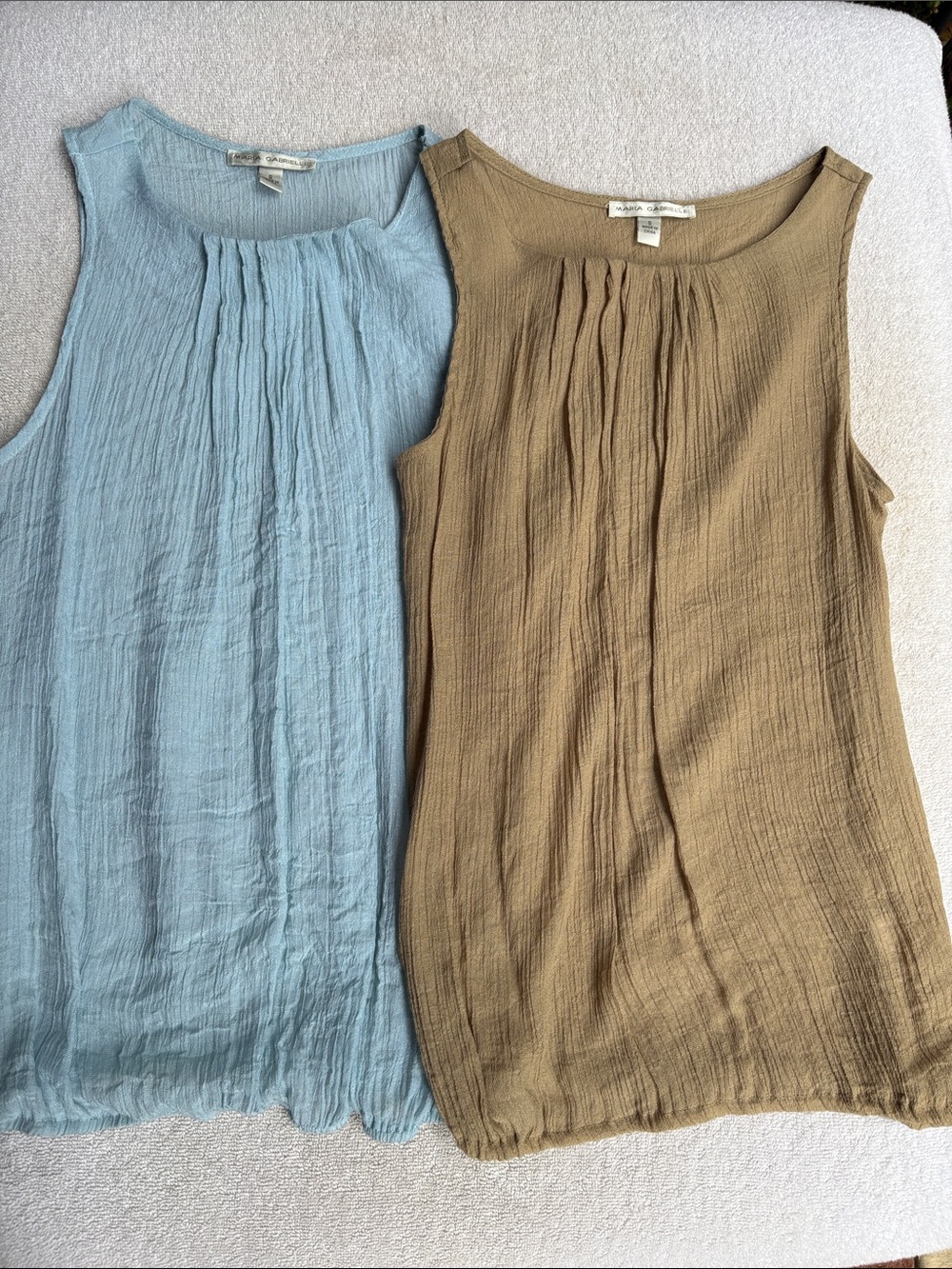 Maria Gabrielle BUNDLE- Tan and Blue Pleated Sleeveless Tops